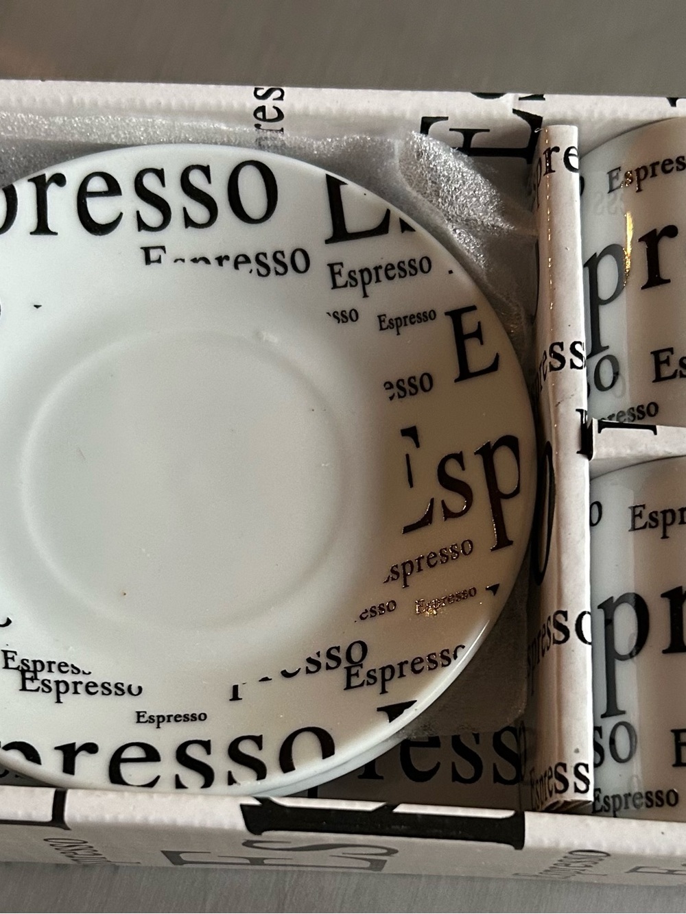 Espresso Word Pattern Porcelain Saucer & Cup Set in original gift box.